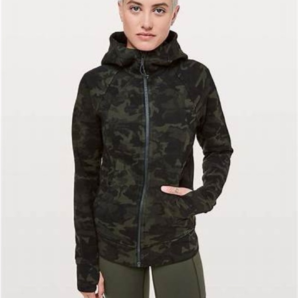 Lululemon Scuba Hoodie Size 8 Cotton Fleece Full Zip Sweatshirt Green Camouflage